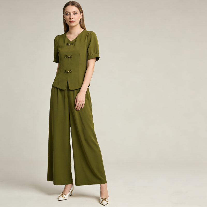 【Korlátozott ideig 50% kedvezmény!】【M-5XL】 Tavaszi divatos jégselyem női szett – Felső + bő szárú nadrág