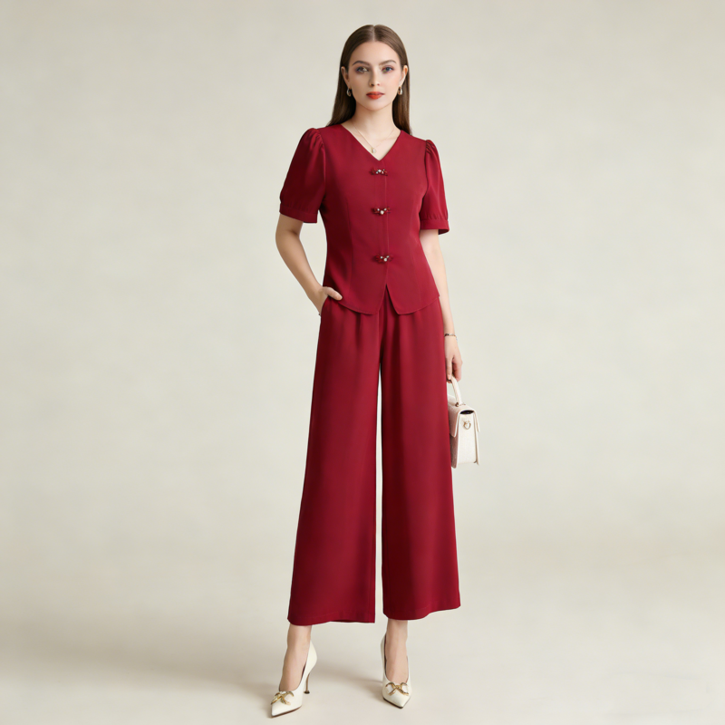 【Korlátozott ideig 50% kedvezmény!】【M-5XL】 Tavaszi divatos jégselyem női szett – Felső + bő szárú nadrág