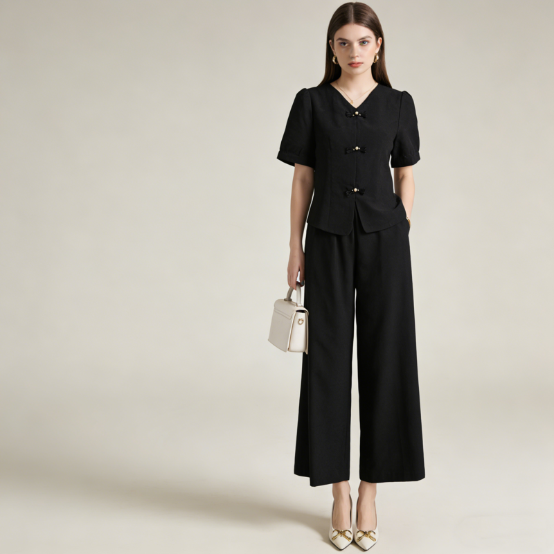 【Korlátozott ideig 50% kedvezmény!】【M-5XL】 Tavaszi divatos jégselyem női szett – Felső + bő szárú nadrág