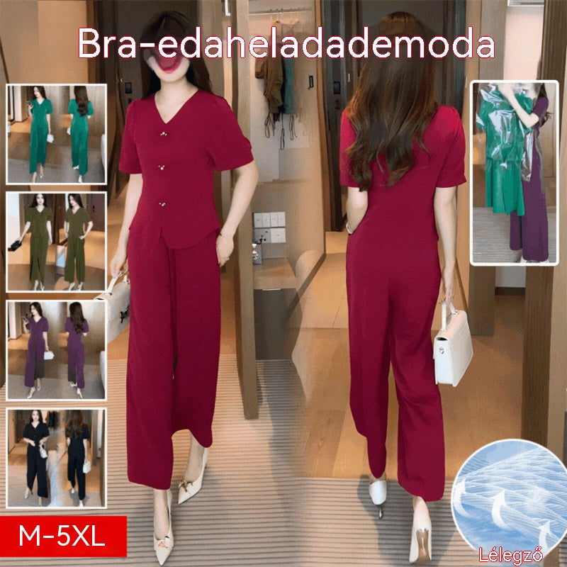 【Korlátozott ideig 50% kedvezmény!】【M-5XL】 Tavaszi divatos jégselyem női szett – Felső + bő szárú nadrág