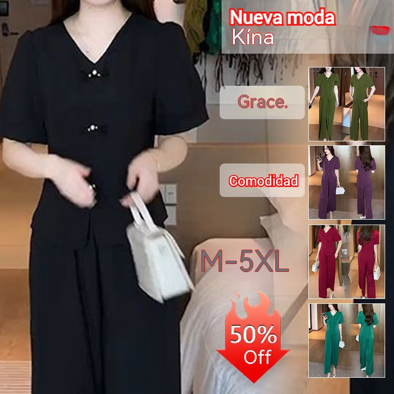 【Korlátozott ideig 50% kedvezmény!】【M-5XL】 Tavaszi divatos jégselyem női szett – Felső + bő szárú nadrág